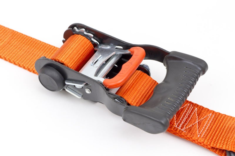 PowerTye 1.5in x 7ft Ergonomic Locking Ratchet Straps with Heavy-Duty S-Hooks - Made in USA - 1,000 lb. Working Load Limit / 3,000 lb. Breaking Strength - Orange (Pair) - Image 2